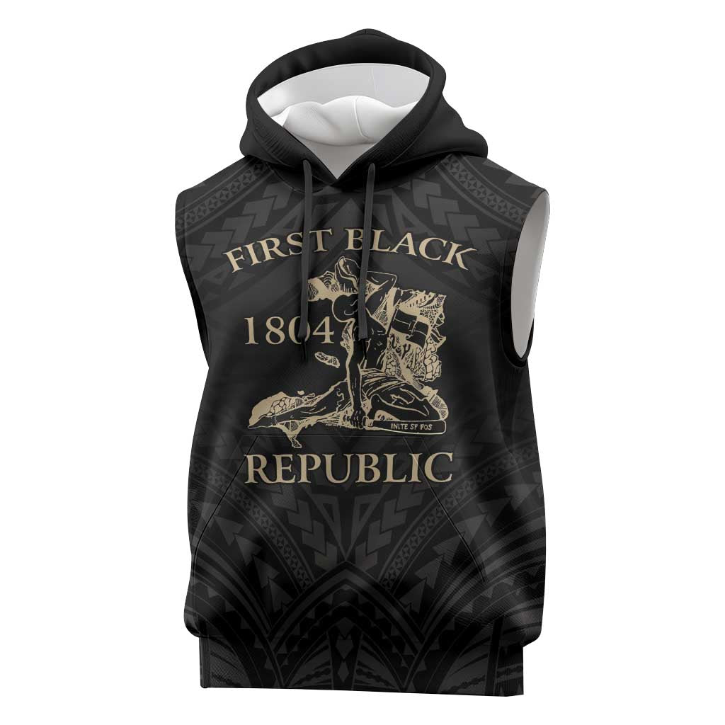 Personalized Haiti First Black Republic Sleeveless Hoodie Negre Marron With Map And Flag - Polynesian Pride
