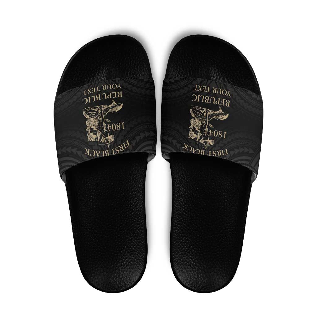 Personalized Haiti First Black Republic Slide Sandals Negre Marron With Map And Flag - Polynesian Pride