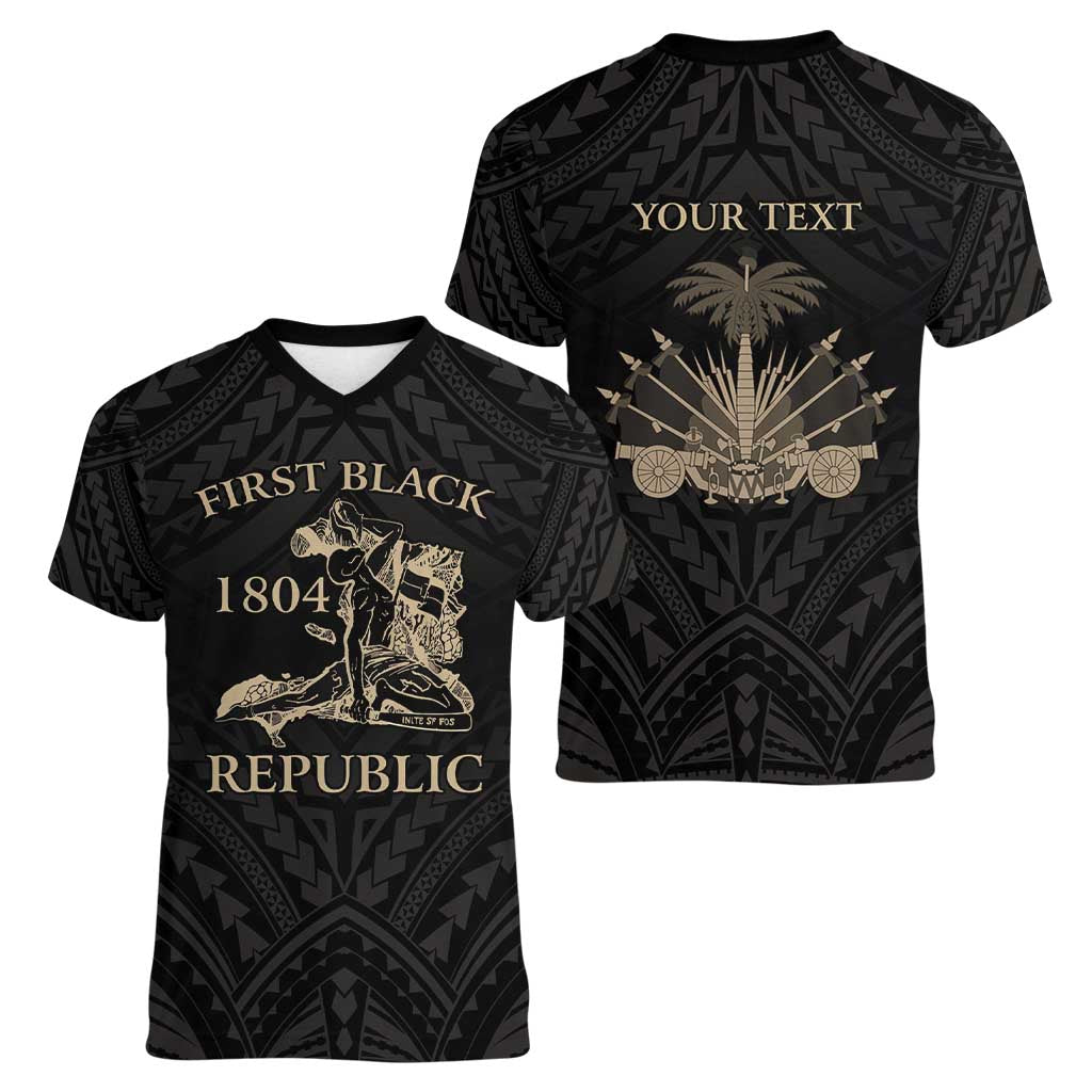 Personalized Haiti First Black Republic Women V-Neck T-Shirt Negre Marron With Map And Flag