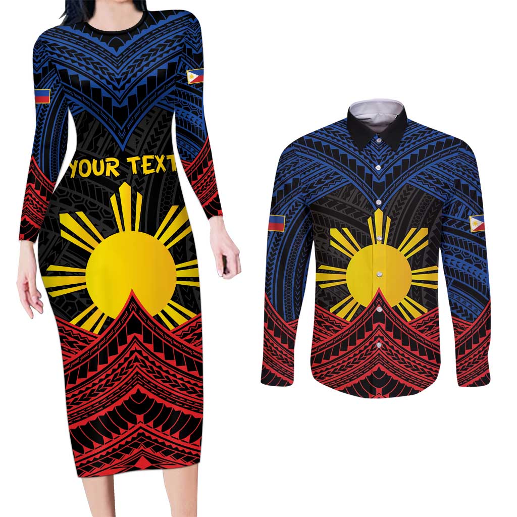 Personalized Philippines Couples Matching Long Sleeve Bodycon Dress and Long Sleeve Button Shirt Polynesian Tribal Tattoo with Filipino Flag Motif
