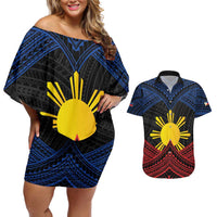 Personalized Philippines Couples Matching Off Shoulder Short Dress and Hawaiian Shirt Polynesian Tribal Tattoo with Filipino Flag Motif