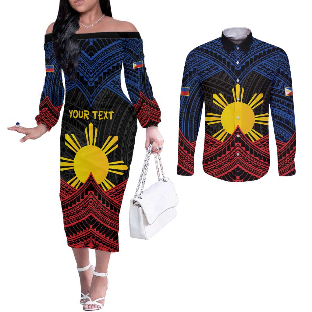 Personalized Philippines Couples Matching Off The Shoulder Long Sleeve Dress and Long Sleeve Button Shirt Polynesian Tribal Tattoo with Filipino Flag Motif