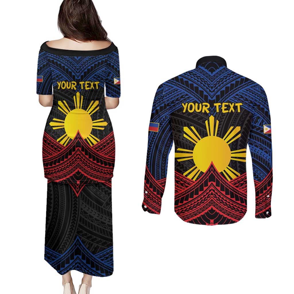 Personalized Philippines Couples Matching Puletasi and Long Sleeve Button Shirt Polynesian Tribal Tattoo with Filipino Flag Motif