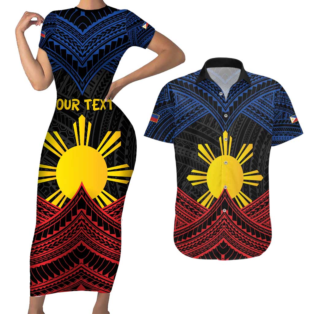 Personalized Philippines Couples Matching Short Sleeve Bodycon Dress and Hawaiian Shirt Polynesian Tribal Tattoo with Filipino Flag Motif