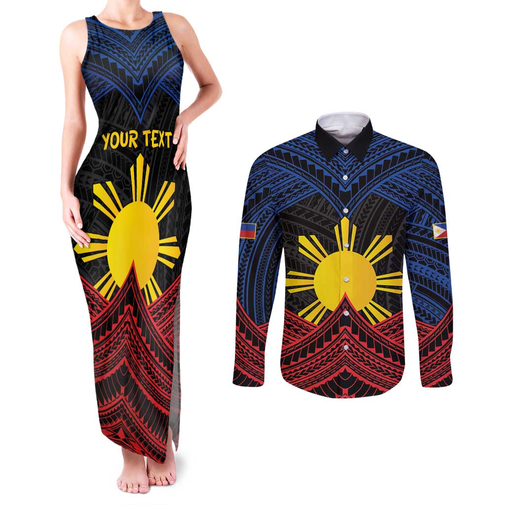 Personalized Philippines Couples Matching Tank Maxi Dress and Long Sleeve Button Shirt Polynesian Tribal Tattoo with Filipino Flag Motif