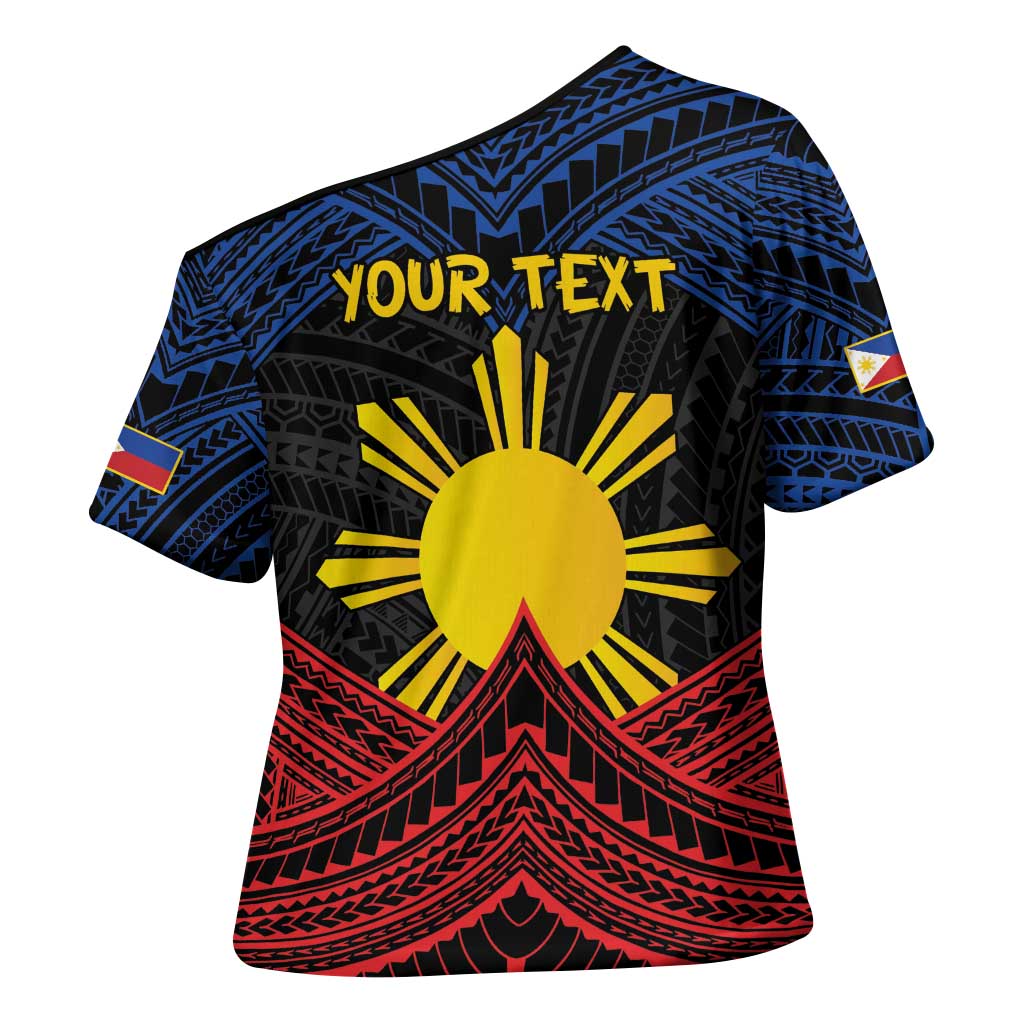 Personalized Philippines Cross Shoulder Shirt Polynesian Tribal Tattoo with Filipino Flag Motif - Polynesian Pride