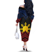 Personalized Philippines Family Matching Off The Shoulder Long Sleeve Dress and Hawaiian Shirt Polynesian Tribal Tattoo with Filipino Flag Motif
