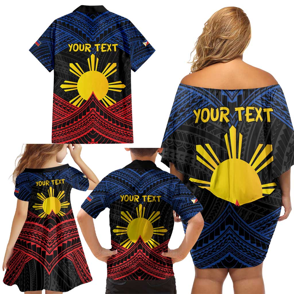 Personalized Philippines Family Matching Off Shoulder Short Dress and Hawaiian Shirt Polynesian Tribal Tattoo with Filipino Flag Motif