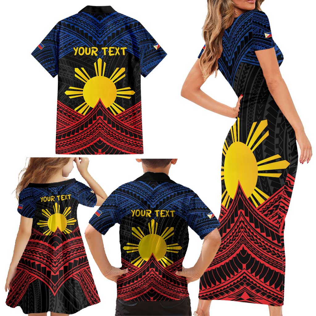 Personalized Philippines Family Matching Short Sleeve Bodycon Dress and Hawaiian Shirt Polynesian Tribal Tattoo with Filipino Flag Motif