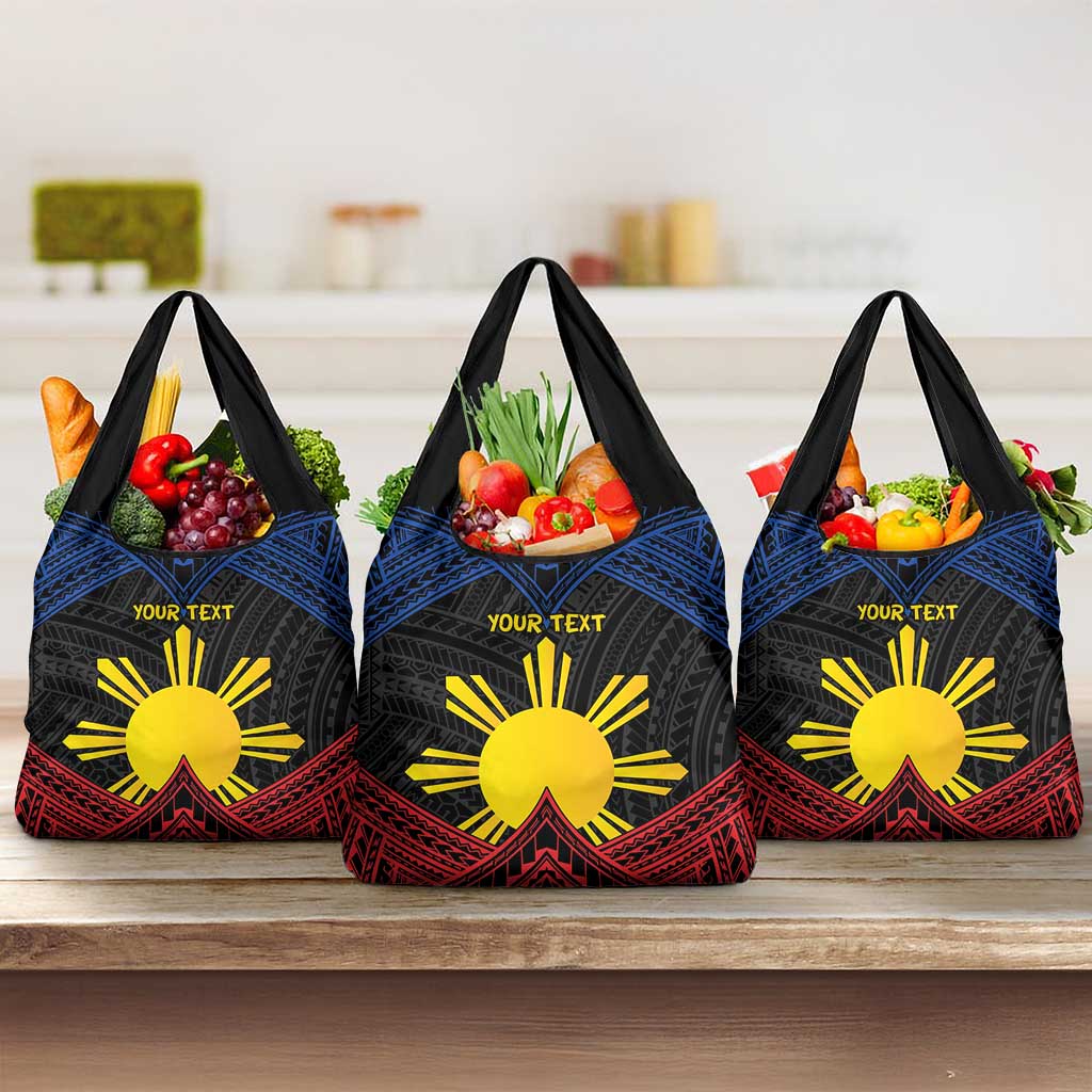 Personalized Philippines Grocery Bag Polynesian Tribal Tattoo with Filipino Flag Motif