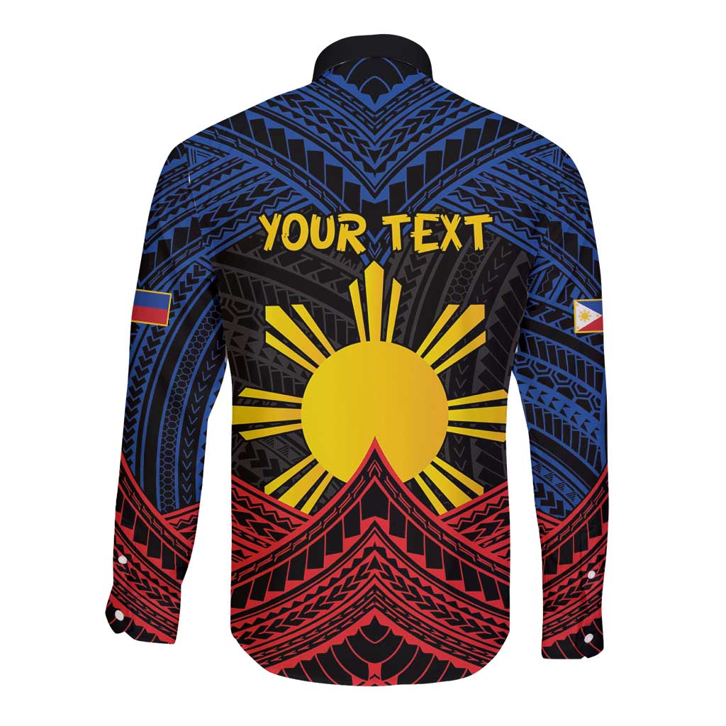 Personalized Philippines Long Sleeve Button Shirt Polynesian Tribal Tattoo with Filipino Flag Motif