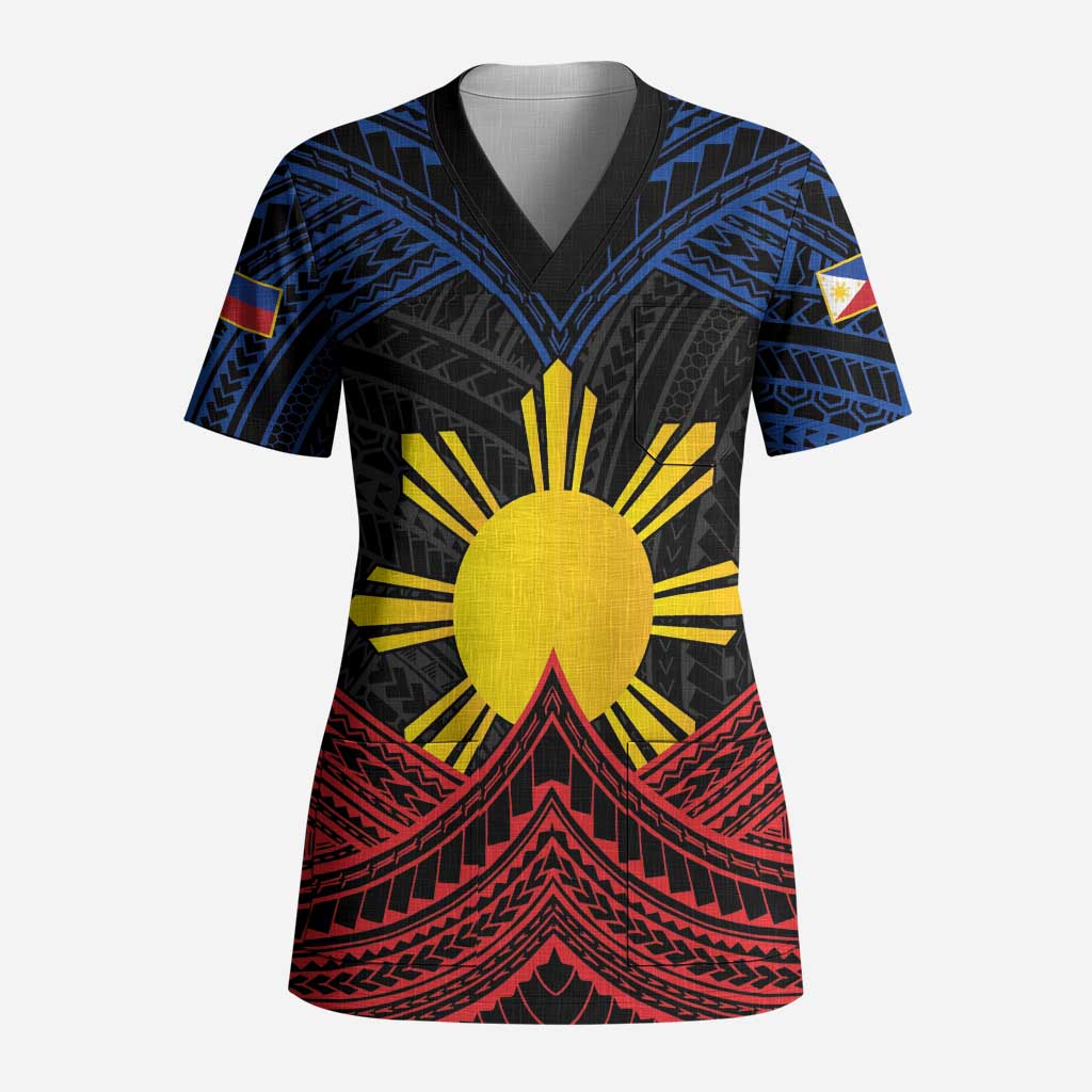 Personalized Philippines Scrub Top Polynesian Tribal Tattoo with Filipino Flag Motif - Polynesian Pride