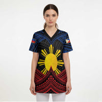 Personalized Philippines Scrub Top Polynesian Tribal Tattoo with Filipino Flag Motif - Polynesian Pride