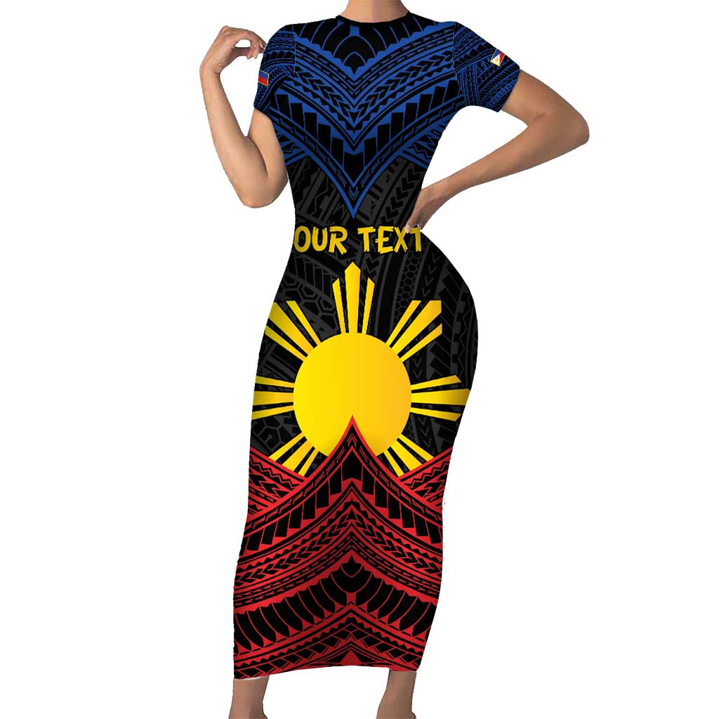 Personalized Philippines Short Sleeve Bodycon Dress Polynesian Tribal Tattoo with Filipino Flag Motif