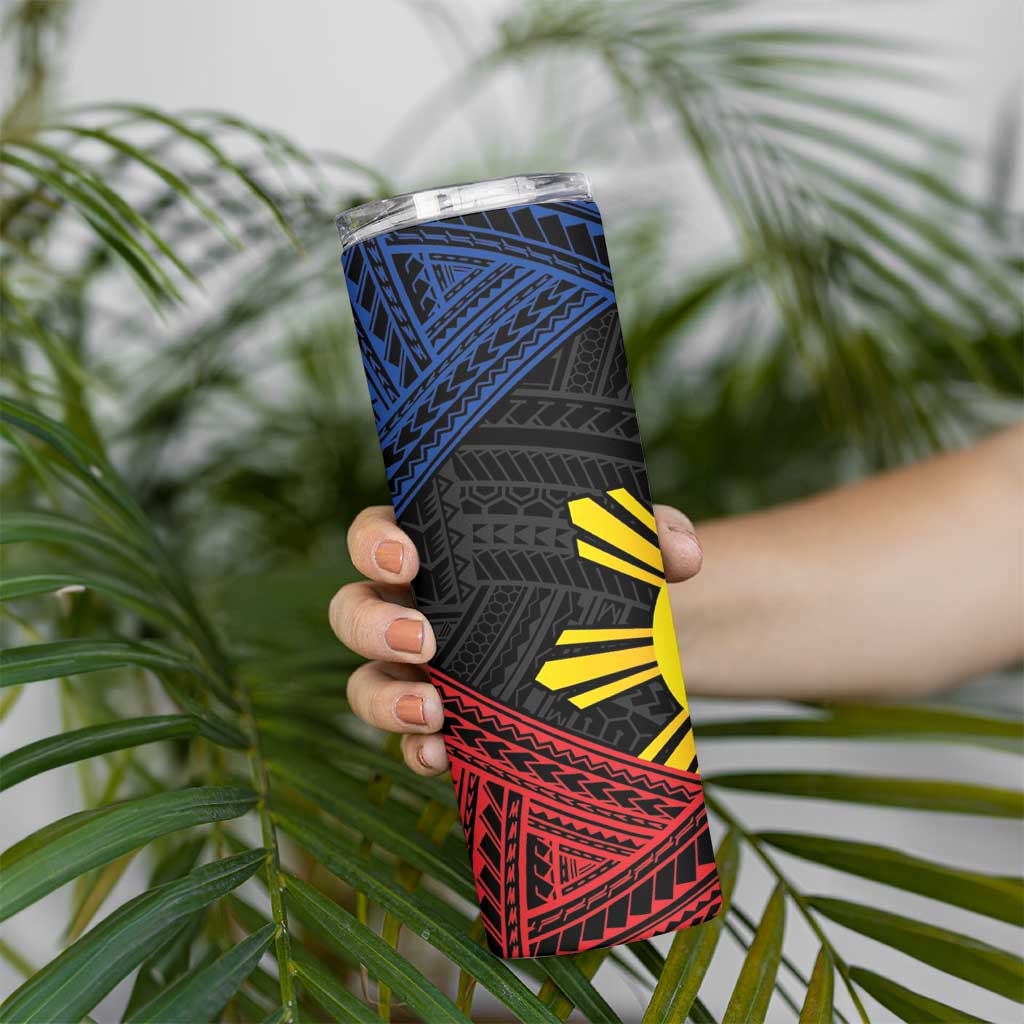 Personalized Philippines Skinny Tumbler Polynesian Tribal Tattoo with Filipino Flag Motif
