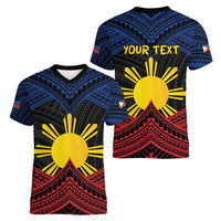 Personalized Philippines Women V-Neck T-Shirt Polynesian Tribal Tattoo with Filipino Flag Motif
