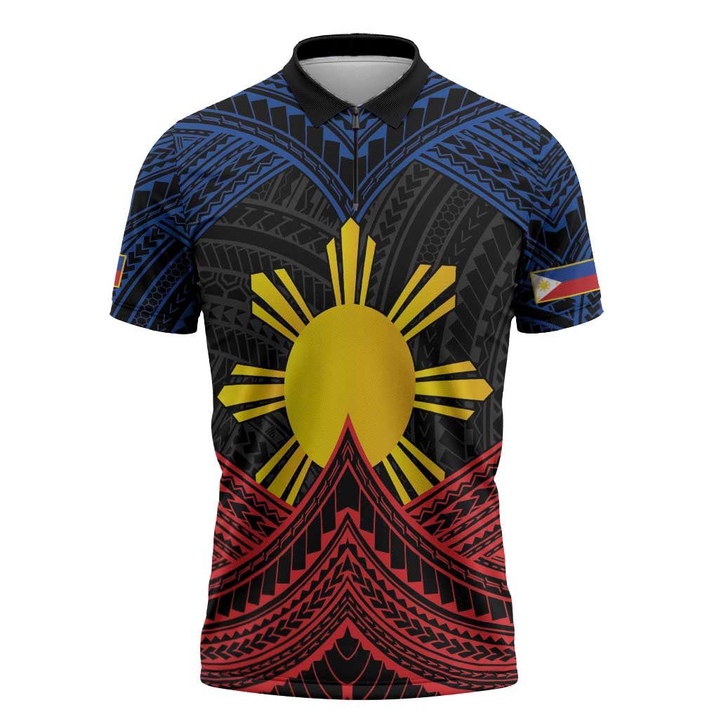 Personalized Philippines Zipper Polo Shirt Polynesian Tribal Tattoo with Filipino Flag Motif - Polynesian Pride