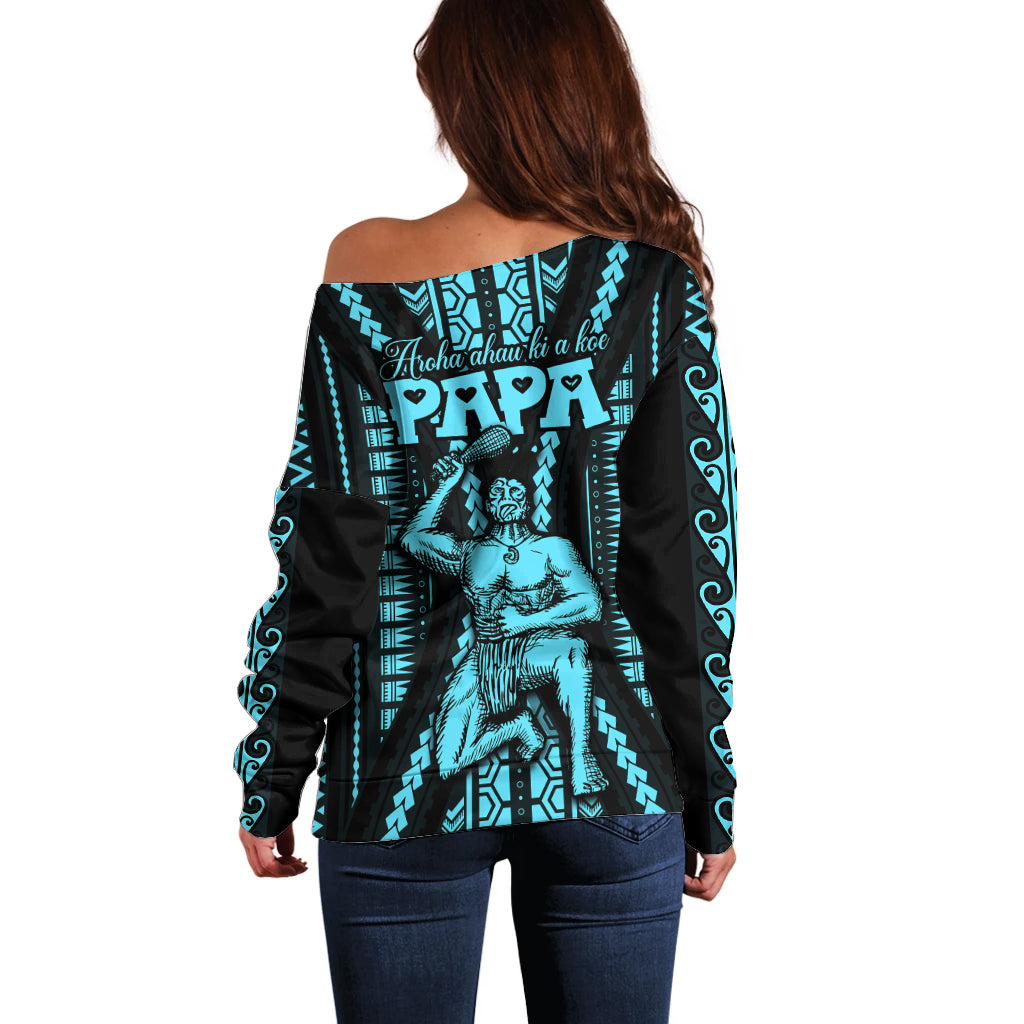 Aotearoa Father's Day Gift For Dad Off Shoulder Sweater Aroha Ahau Ki A Koe Papa - Aqua Maori Style Pattern LT9 - Polynesian Pride
