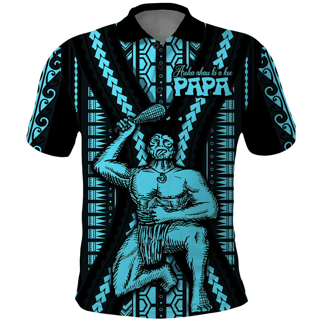 Aotearoa Fathers Day Gift For Dad Polo Shirt Aroha Ahau Ki A Koe Papa Aqua Maori Style Pattern LT9 Aqua - Polynesian Pride