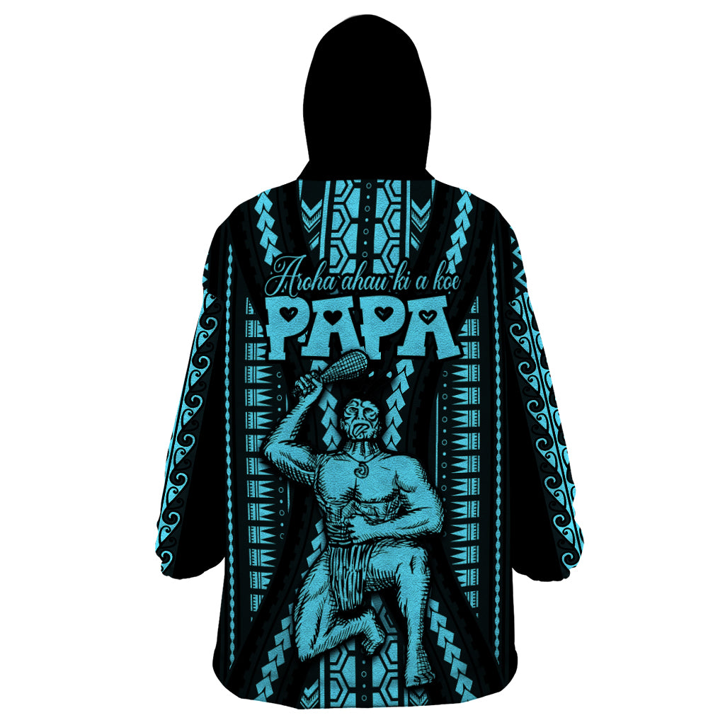 Personalised Aotearoa Father's Day Gift For Dad Wearable Blanket Hoodie Aroha Ahau Ki A Koe Papa - Aqua Maori Style Pattern LT9 - Polynesian Pride