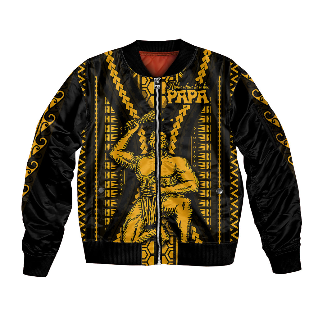 Aotearoa Father's Day Gift For Dad Sleeve Zip Bomber Jacket Aroha Ahau Ki A Koe Papa - Gold Maori Style Pattern LT9 Unisex Gold - Polynesian Pride