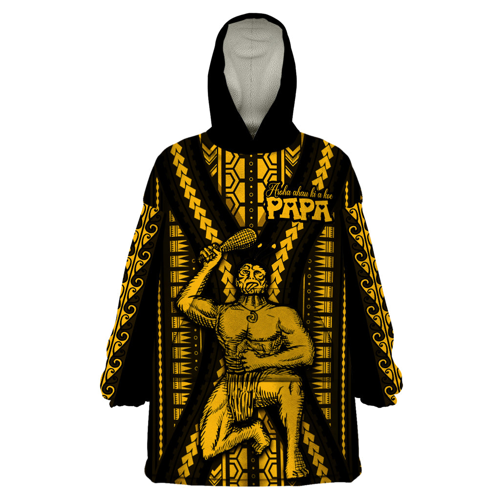 Aotearoa Father's Day Gift For Dad Wearable Blanket Hoodie Aroha Ahau Ki A Koe Papa - Gold Maori Style Pattern LT9 One Size Gold - Polynesian Pride