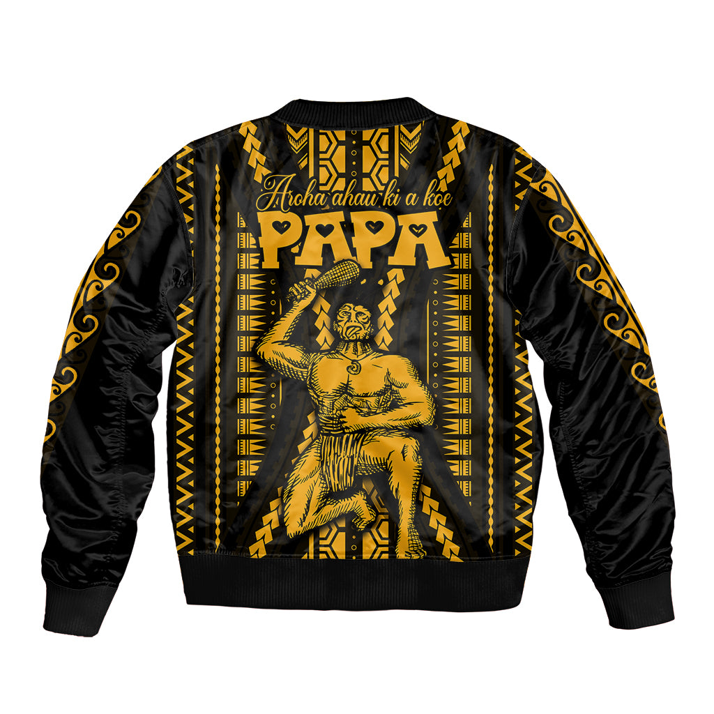 Personalised Aotearoa Father's Day Gift For Dad Sleeve Zip Bomber Jacket Aroha Ahau Ki A Koe Papa - Gold Maori Style Pattern LT9 - Polynesian Pride