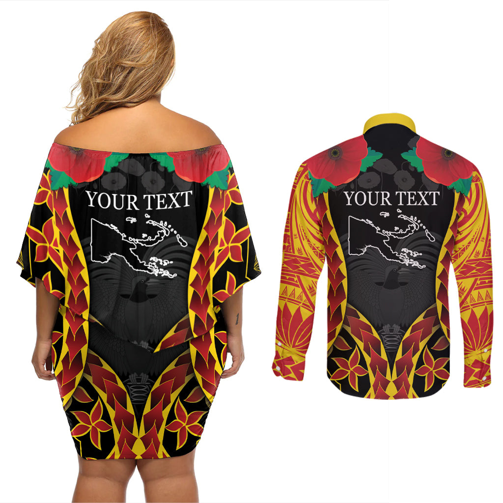 Personalised Papua New Guinea Remembrance Day Couples Matching Off Shoulder Short Dress and Long Sleeve Button Shirt