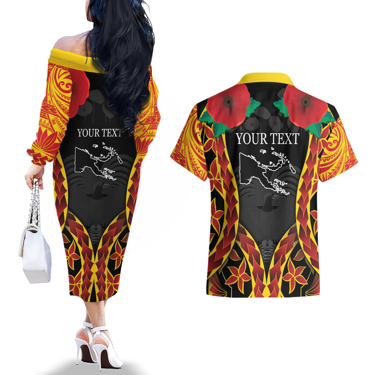 Personalised Papua New Guinea Remembrance Day Couples Matching Off The Shoulder Long Sleeve Dress and Hawaiian Shirt
