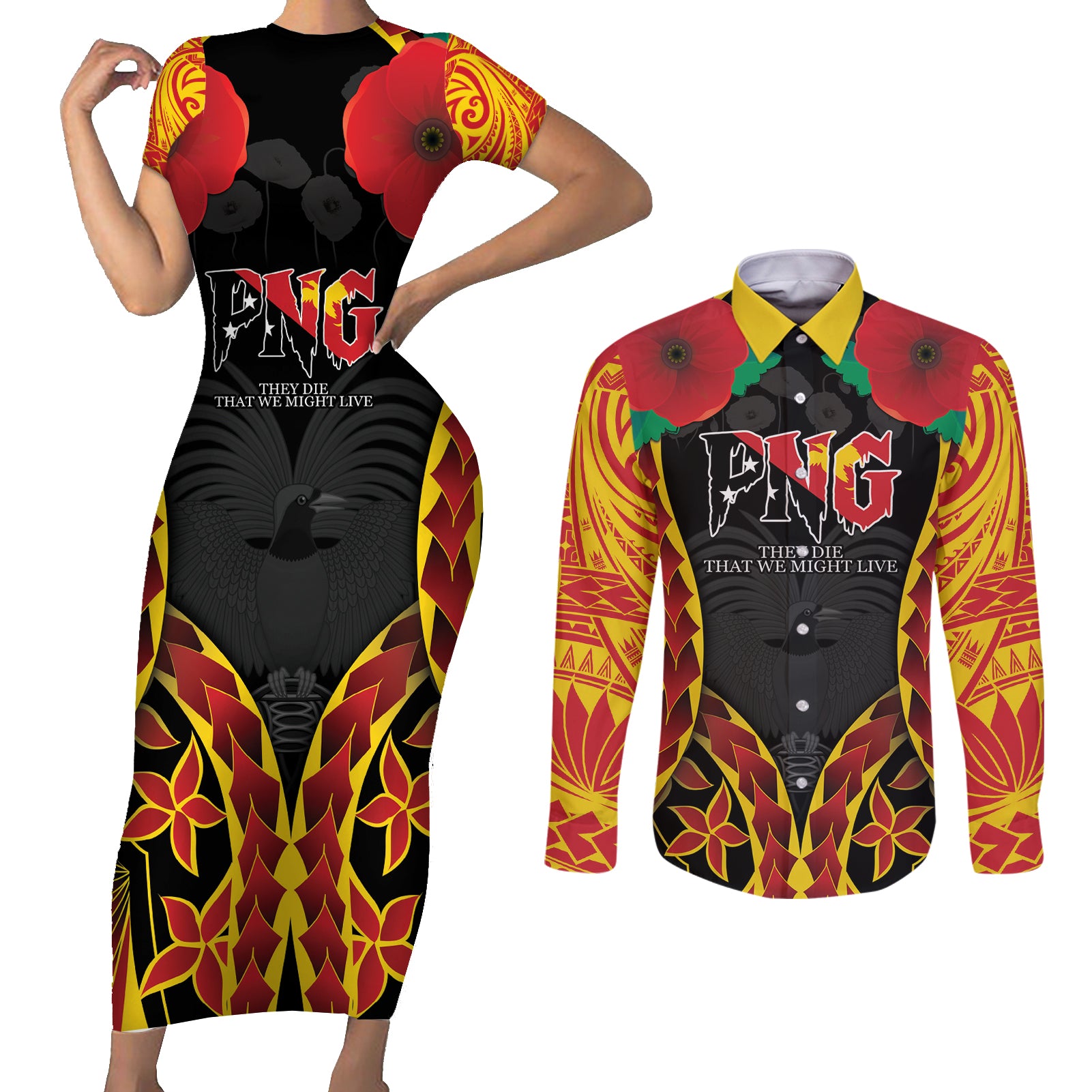 Personalised Papua New Guinea Remembrance Day Couples Matching Short Sleeve Bodycon Dress and Long Sleeve Button Shirt