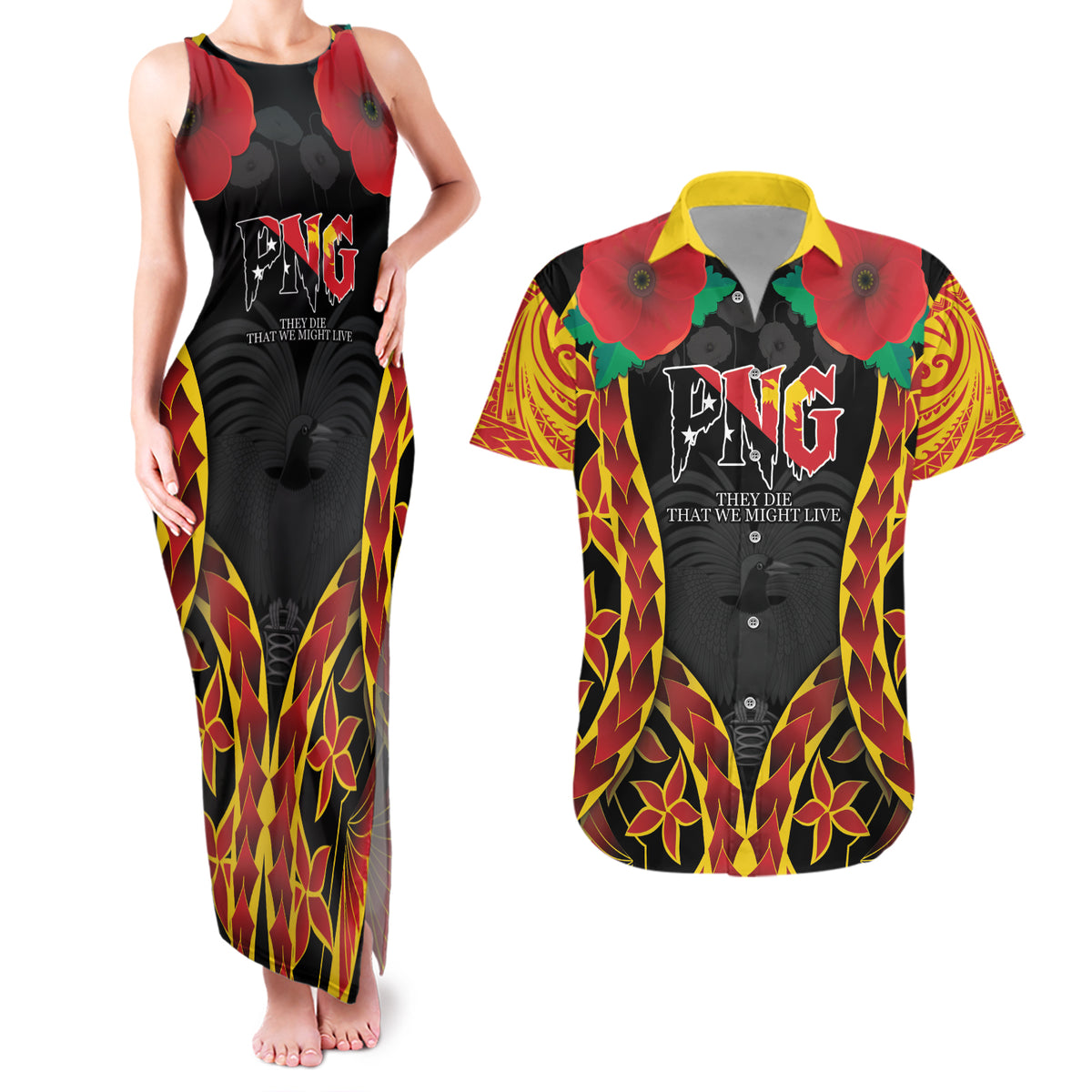 Personalised Papua New Guinea Remembrance Day Couples Matching Tank Maxi Dress and Hawaiian Shirt