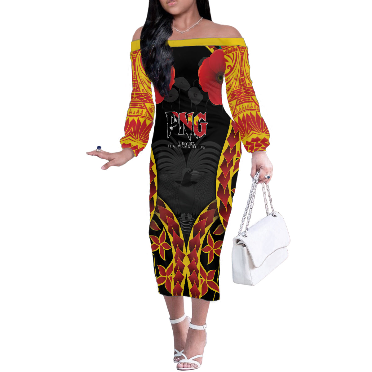 Personalised Papua New Guinea Remembrance Day Family Matching Off The Shoulder Long Sleeve Dress and Hawaiian Shirt