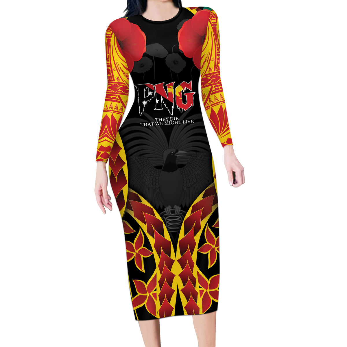 Personalised Papua New Guinea Remembrance Day Long Sleeve Bodycon Dress