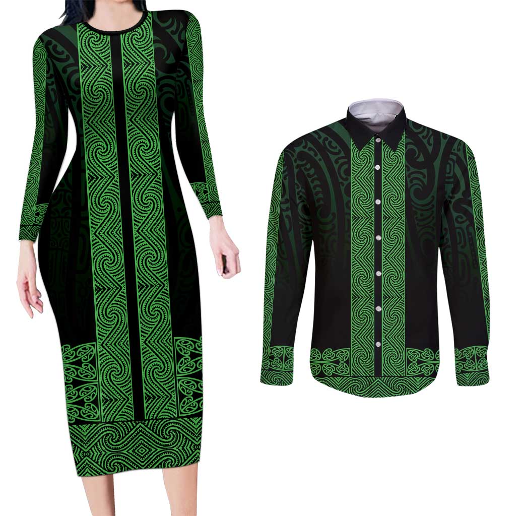 New Zealand Maori Kowhaiwhai Couples Matching Long Sleeve Bodycon Dress and Long Sleeve Button Shirt Kakariki Maui and Mangopare LT9 Green - Polynesian Pride
