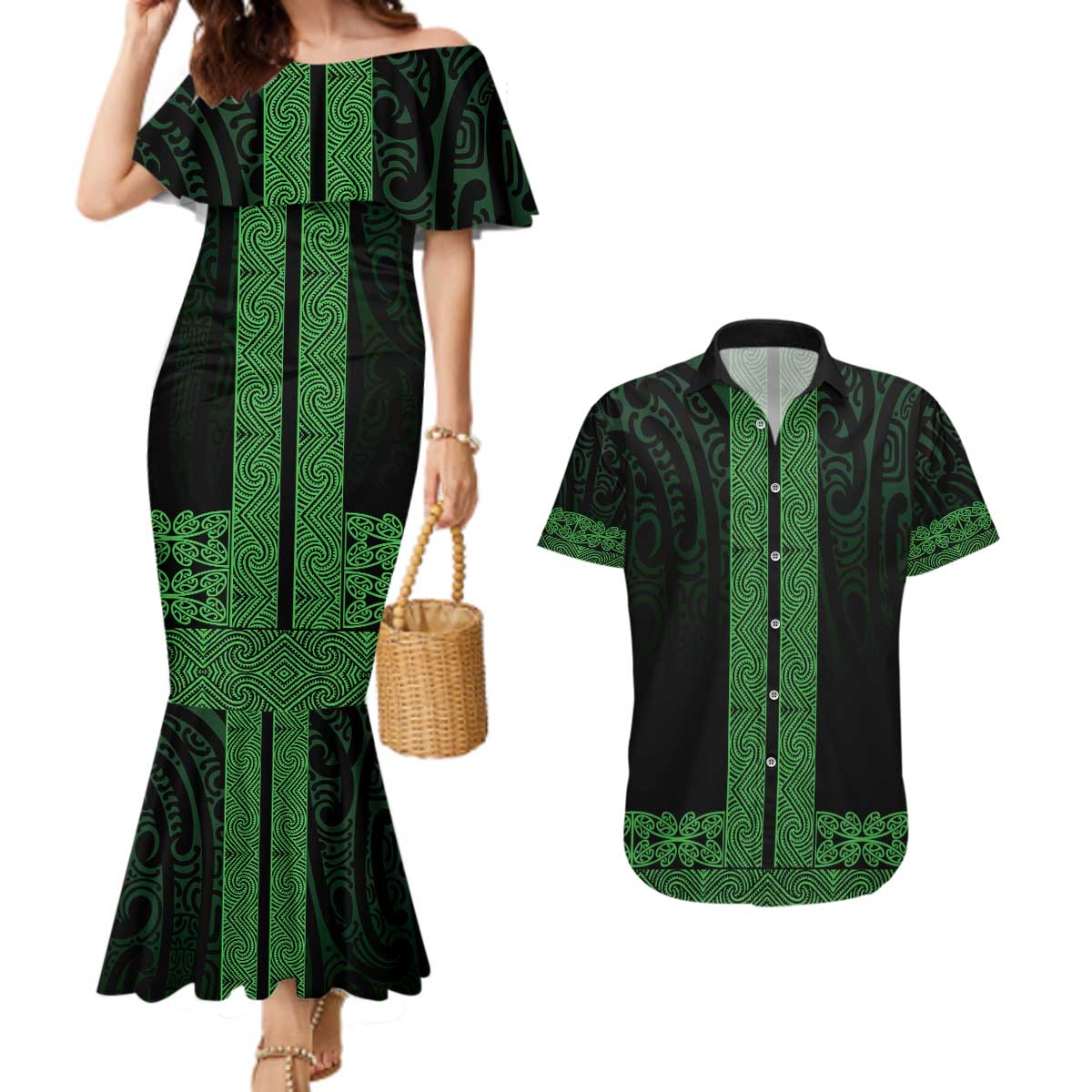 New Zealand Maori Kowhaiwhai Couples Matching Mermaid Dress and Hawaiian Shirt Kakariki Maui and Mangopare LT9 Green - Polynesian Pride