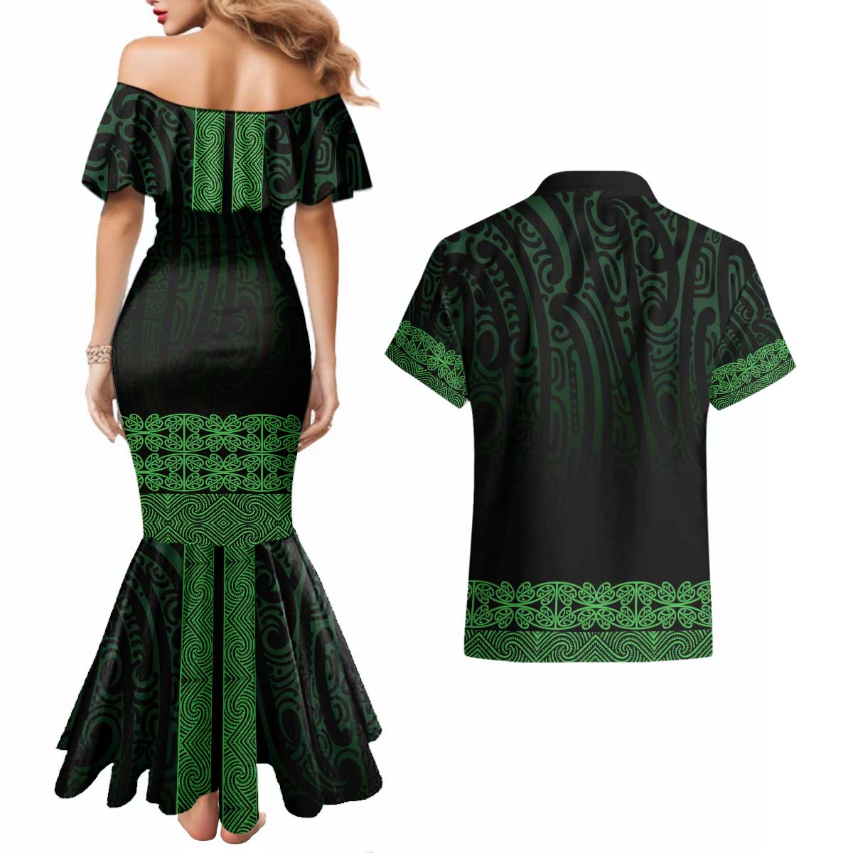 New Zealand Maori Kowhaiwhai Couples Matching Mermaid Dress and Hawaiian Shirt Kakariki Maui and Mangopare LT9 - Polynesian Pride