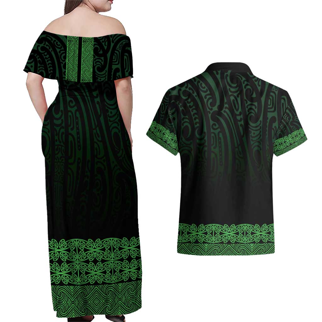 New Zealand Maori Kowhaiwhai Couples Matching Off Shoulder Maxi Dress and Hawaiian Shirt Kakariki Maui and Mangopare LT9 - Polynesian Pride