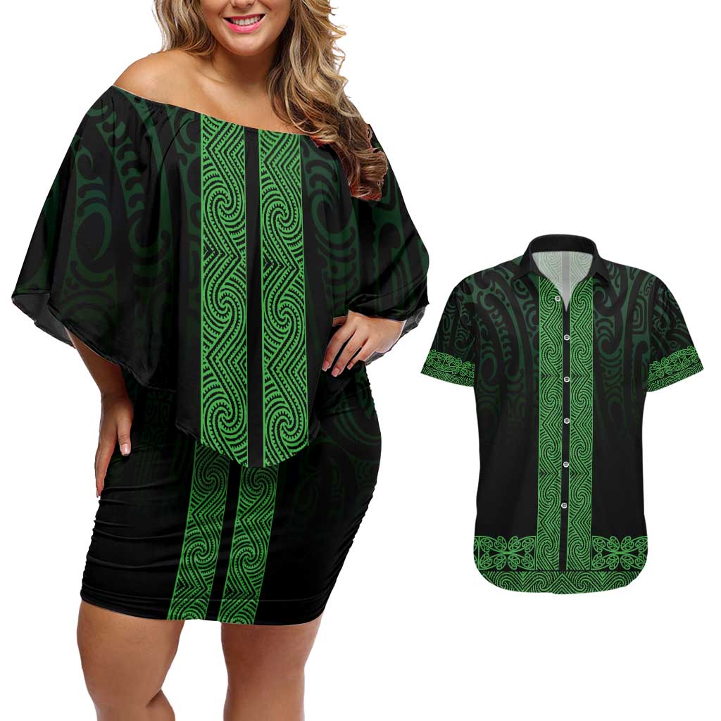 New Zealand Maori Kowhaiwhai Couples Matching Off Shoulder Short Dress and Hawaiian Shirt Kakariki Maui and Mangopare LT9 Green - Polynesian Pride