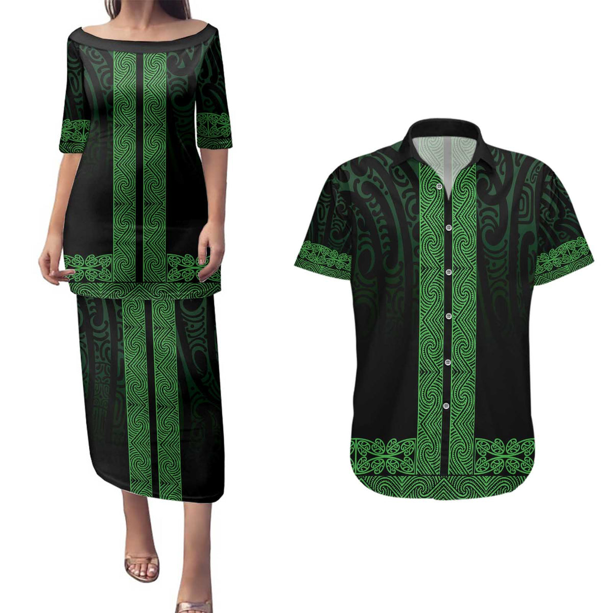 New Zealand Maori Kowhaiwhai Couples Matching Puletasi and Hawaiian Shirt Kakariki Maui and Mangopare LT9 Green - Polynesian Pride
