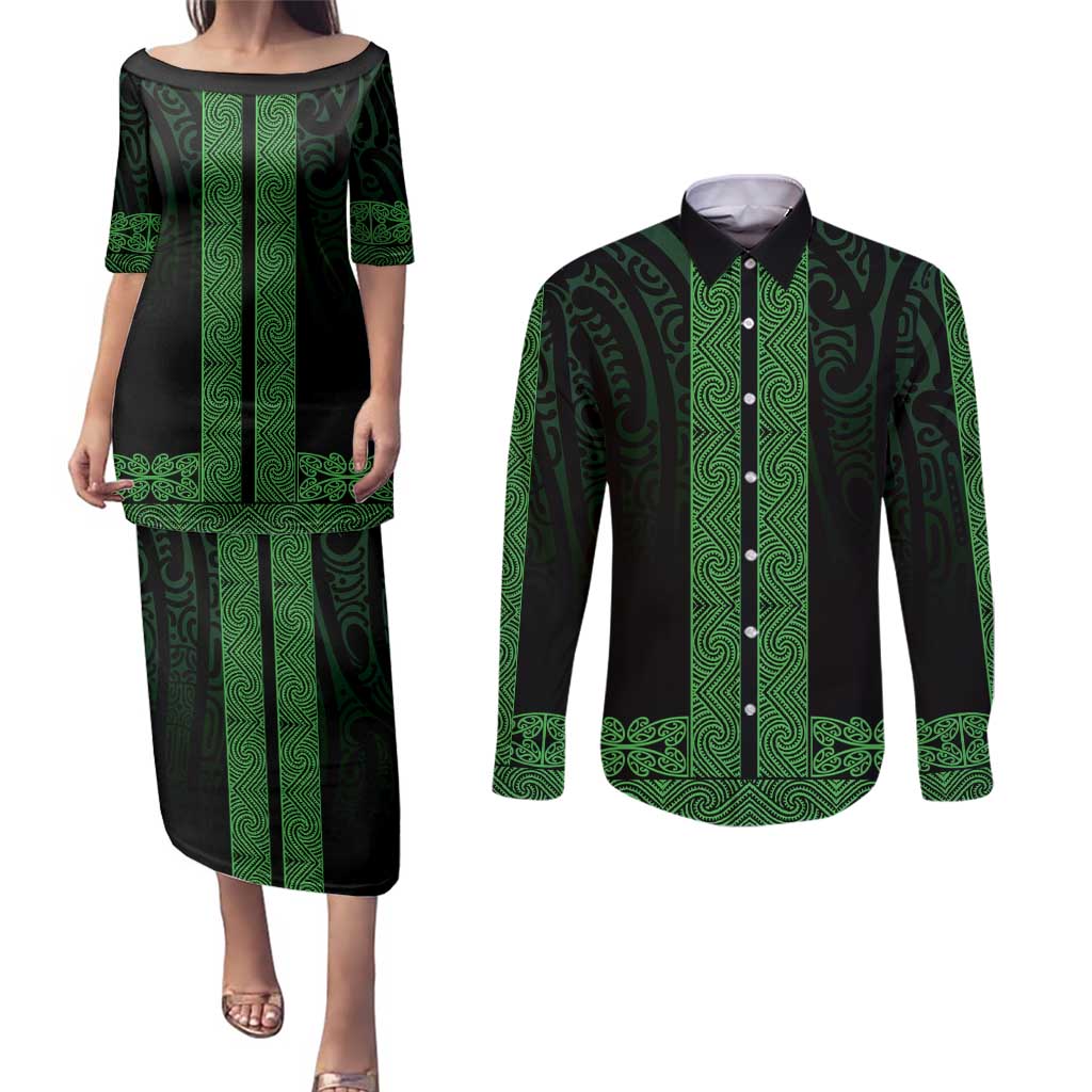 New Zealand Maori Kowhaiwhai Couples Matching Puletasi and Long Sleeve Button Shirt Kakariki Maui and Mangopare LT9 Green - Polynesian Pride