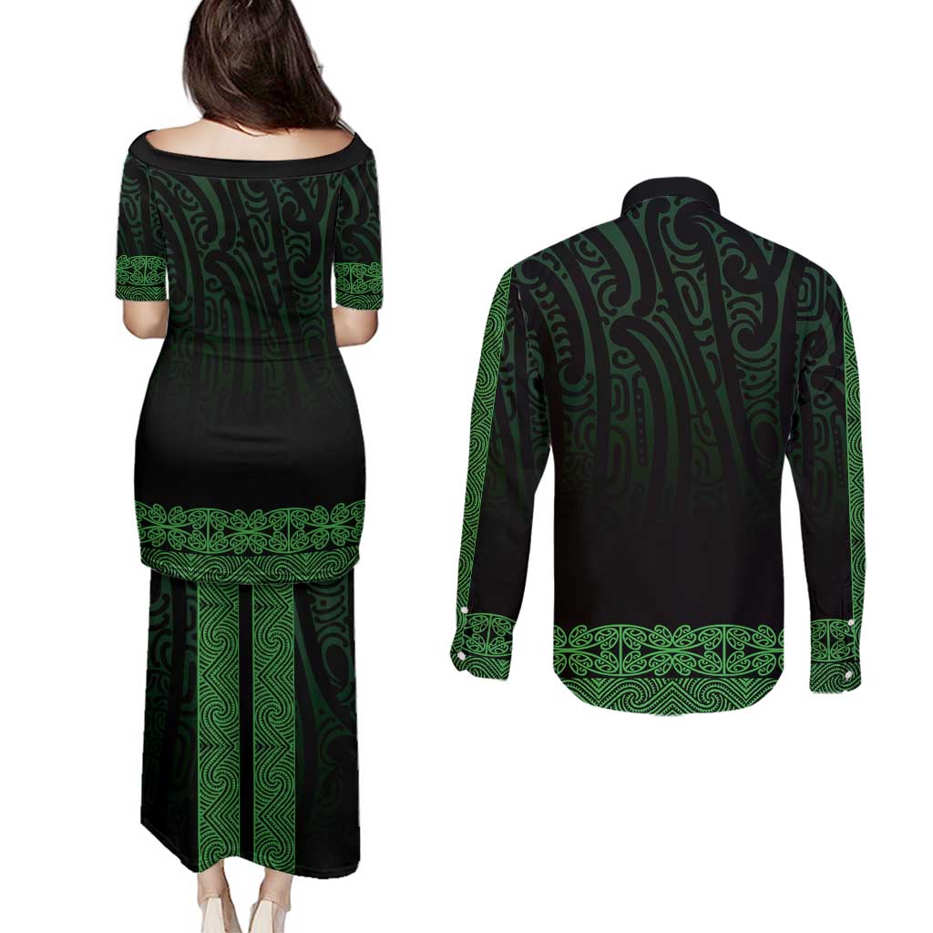 New Zealand Maori Kowhaiwhai Couples Matching Puletasi and Long Sleeve Button Shirt Kakariki Maui and Mangopare LT9 - Polynesian Pride