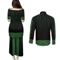 New Zealand Maori Kowhaiwhai Couples Matching Puletasi and Long Sleeve Button Shirt Kakariki Maui and Mangopare LT9 - Polynesian Pride