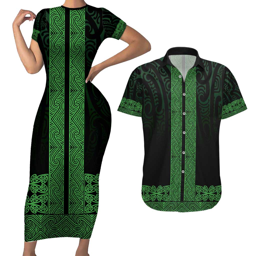 New Zealand Maori Kowhaiwhai Couples Matching Short Sleeve Bodycon Dress and Hawaiian Shirt Kakariki Maui and Mangopare LT9 Green - Polynesian Pride