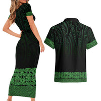 New Zealand Maori Kowhaiwhai Couples Matching Short Sleeve Bodycon Dress and Hawaiian Shirt Kakariki Maui and Mangopare LT9 - Polynesian Pride