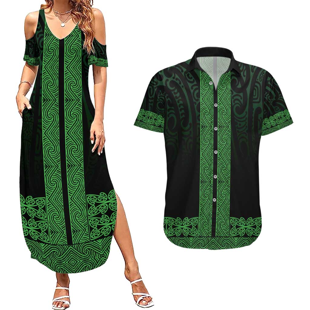 New Zealand Maori Kowhaiwhai Couples Matching Summer Maxi Dress and Hawaiian Shirt Kakariki Maui and Mangopare LT9 Green - Polynesian Pride