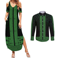 New Zealand Maori Kowhaiwhai Couples Matching Summer Maxi Dress and Long Sleeve Button Shirt Kakariki Maui and Mangopare LT9 Green - Polynesian Pride