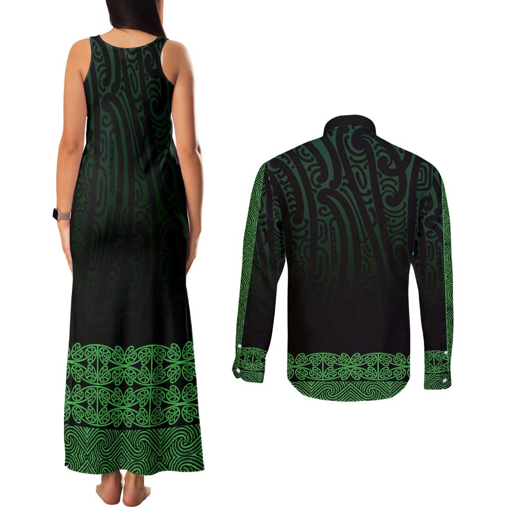 New Zealand Maori Kowhaiwhai Couples Matching Tank Maxi Dress and Long Sleeve Button Shirt Kakariki Maui and Mangopare LT9 - Polynesian Pride
