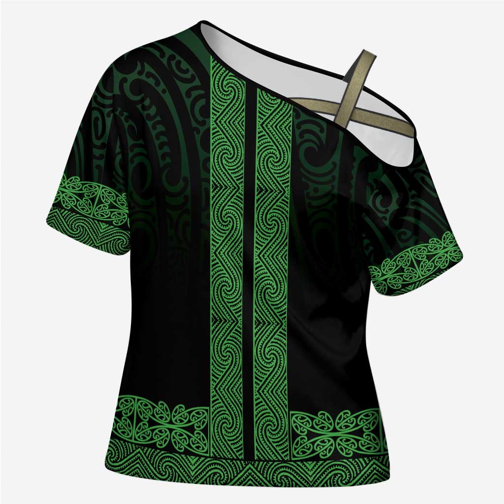 New Zealand Maori Kowhaiwhai Cross Shoulder Shirt Kakariki Maui and Mangopare - Polynesian Pride