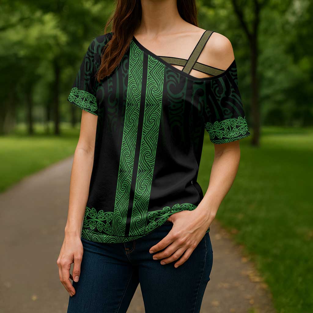 New Zealand Maori Kowhaiwhai Cross Shoulder Shirt Kakariki Maui and Mangopare - Polynesian Pride