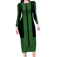 New Zealand Maori Kowhaiwhai Family Matching Long Sleeve Bodycon Dress and Hawaiian Shirt Kakariki Maui and Mangopare LT9 Mom's Dress Green - Polynesian Pride
